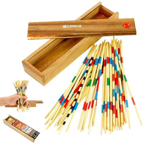Logica Spiele Art. Mikado - Box aus Teak/Samena Holz - Wiederverschließbare Schachtel - Stäbe aus Bambus