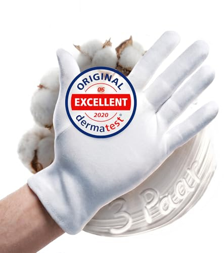 Baumwollhandschuhe aus 100% Baumwolle (Dermatest: Sehr gut), Weiße Handschuhe, Weiche Textilhandschuhe für Handmasken, Stoffhandschuhe mit zertifizierter Hautverträglichkeit, 3er Pack