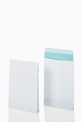 Faltentaschen C4 (125 Stück) 324x229x40 mm - Umschläge 130g/m² - Weiß | haftklebende mit Klotzboden und Seitenfalte - Versandtaschen C4 fadenverstärkt mit blauem Innendruck