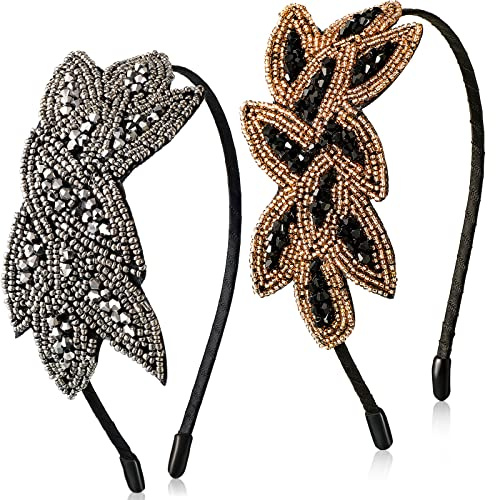 Syhood 2 Stück 1920er Haarreifen Flapper Stirnband Damen | Silber und Schwarz-Gold, 20er Jahre Haarschmuck, Mit Blatt und Perlen, 1920er Accessoires Damen, Kopfschmuck Vintage