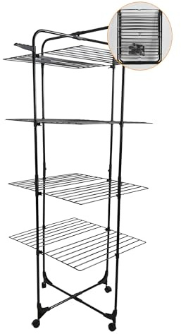 Yoursol Wäscheständer Turm Paris in Schwarz, Turmwäscheständer faltbar mit 4 Ebenen, platzsparender Wäscheständer Turm klappbar, rollbar, 40m Wäscheleine, extra Dicke Leinen, Höhe = 1,72m