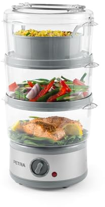 Petra PT2726ZV2HEVDE 3-stufig Elektro-Dampfgarer - 7,5L Multikocher, Abnehmbare BPA-freie Körbe und Reisschüssel inklusive, kompaktes Design, 60-Minuten-Timer, 500W, Fleisch- und Gemüsedämpfer, Silber