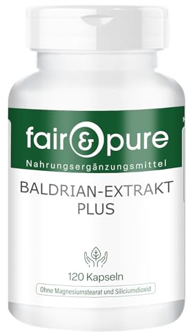 Fair & Pure Baldrian-Extrakt Plus 120 Kapseln, schluckfreundlich, mit Hopfen und Melisse, veganes Nahrungsergänzungsmittel ohne Zusätze, in Deutschland hergestellt