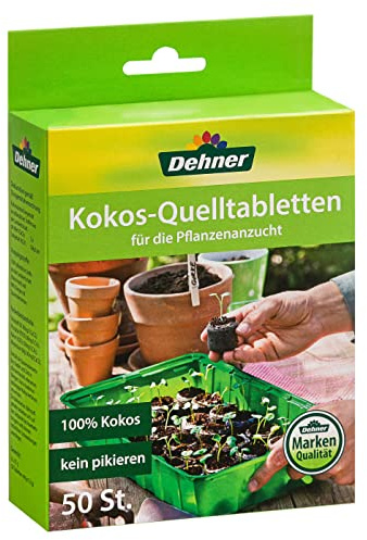 Dehner Kokos-Quelltabletten | Kokoserde Quelltabs, Aussaaterde Quelltopf, Torffreie Anzuchterde | biologisch abbaubar | Anzucht von Stecklingen, Sämlingen und Saaten | gedüngt | Ø 38 mm | 50 Stück