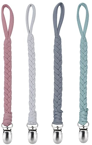 Schnullerkette Baumwolle Schnullerband Mädchen und Jungs Schnullerketten Clips für Lätzchen Dreieckstuch Sauger 4 Stücke(grau ） …