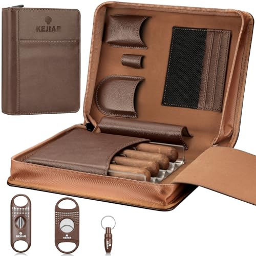 KEJIAR Zigarren-Humidor-Etui, tragbare Zigarren-Box mit Zigarren-V-Cutter, gerader Zigarrenschneider, Zigarrenpunsch, Zigarren-Luftbefeuchter-Packs, Reise-Humidor und Zigarrenzubehör, Geschenkset