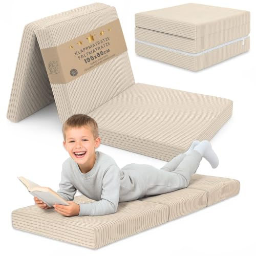 Faltmatratze 65x195 cm klappbar für Kinder und Gäste – Klappmatratze mit waschbarem Bezug und Schaumkern – Gästematratze Bodenmatratze Faltbare Matratze Beige