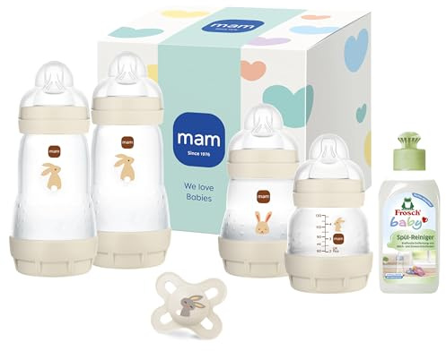 MAM Easy Start Anti-Colic Neugeborenen-Set | 0+ Mon | Babyflaschen Geschenk-Set | 94% Akzeptanz | 96% Hebammen-Empfehlung | 80% weniger Koliken | 4 Trinkflaschen & 1 Original Start Schnuller | beige