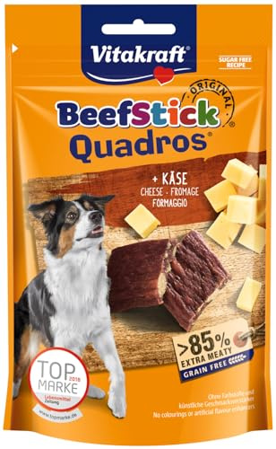 Vitakraft Beef Stick Quadros, Hundeleckerli, Fleischsticks in Rauten mit Käse, Hunde Trainingsleckerli, ohne Zusatz von Zucker (1x 70g)