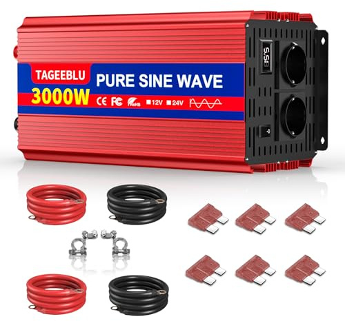 TAGEEBLU 3000W wechselrichter 12v auf 230v Reiner Sinus, spannungswandler 12v 230v, Wechselrichter für Fahrzeuge mit Alligatorclip, 2 AC Steckdose und LCD Bildschirm