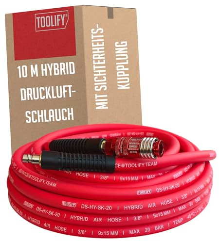 TOOLIFY® Druckluftschlauch 10 m mit Sicherheitskupplung für Kompressor | Pneumatik-Schlauch | Gummi/PVC Mischung flexibel bis -10 °C | knickfest | ölbeständig | gewebeverstärkt | max 20 bar