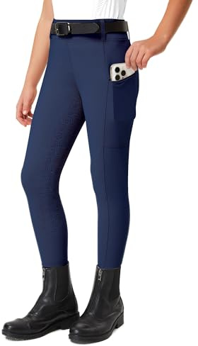 FitsT4 Sports Reithose Kinder Mädchen Reitleggings Reiterhosen Silikon Vollbesatz Reiten Hosen Sommer mit 2 Seitlichen Taschen und Gürtelschlaufen,Marineblau,M