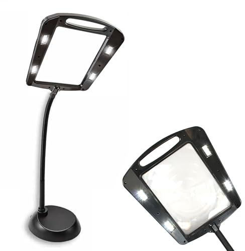 FISHTEC - Lupe auf Standfuß, beleuchtet, 5-12 LEDs, 50 Lumen, flexible Halterung, 100 cm, breite Oberfläche, 25,5 x 19 cm, zum Lesen, Nähen, Stickereien, Basteln, kreative Freizeit