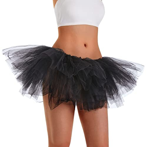 Phantomon Tutu-Rock für Damen, Teenager, klassisch, elastisch, 5 Schichten, Tüll, Ballettrock, 1950er Vintage-Stil, kurzer Rock, Erwachsene Größe, Schwarz, Einheitsgröße