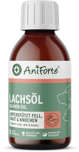 AniForte Lachsöl für Katzen & Hunde 100ml - Natur Fischöl aus Norwegen, reich an Omega 3, frisch abgefüllt in Deutschland, Ergänzungsmittel für Katzen ohne Zusätze, einfache Tropfdosierung