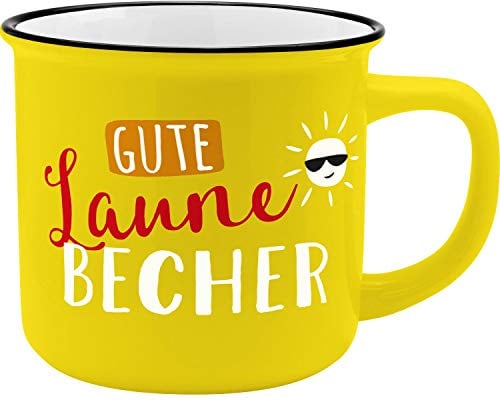 GRUSS & CO Becher Motiv "Gute Laune" | Kaffeetasse aus New Bone China Porzellan, Emaille-Optik, 35 cl | Tasse mit Spruch | 45786