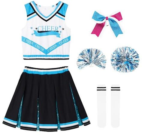LOLANTA Cheerleader Kostüm Mädchen mit Pompoms Socken, Karneval Faschingskostüm Cheerleader für Kinder, Cheerleader Outfit Mädchen 5-13 Jahre
