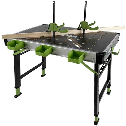 TRUTZHOLM Werkbank Multifunktionstisch Spanntisch 60 x 85 cm klappbar höhenverstellbar 73–90 cm Arbeitstisch mit Messskala, 450 Kg, 20mm Lochrastersystem, Werkzeugboxen, Schnellspannern