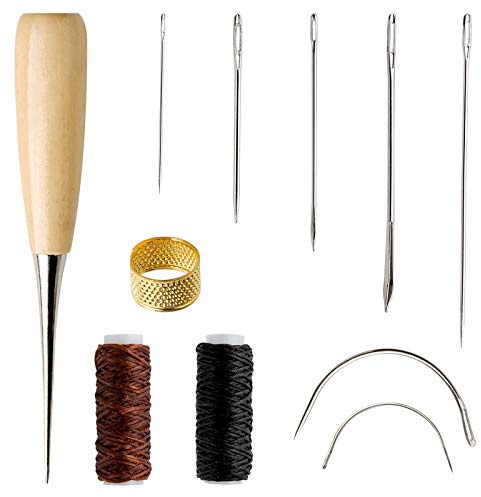 11 Stück Ledernadel Set, Leder Nähset Ledernadeln Hand Leder Werkzeug mit Bohr Ahle Fingerhut und Wachsfaden für Ledertaschen Sofas Segelsitze und Schuhreparaturen