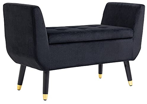 HOMCOM Sitzbank mit Stauraum Armlehnen Polsterbank mit Samtoptik, Sitztruhe mit Holzbeine, Truhenbank für Wohnzimmer Schlafzimmer Flur 107 x 42 x 65 cm, Schwarz