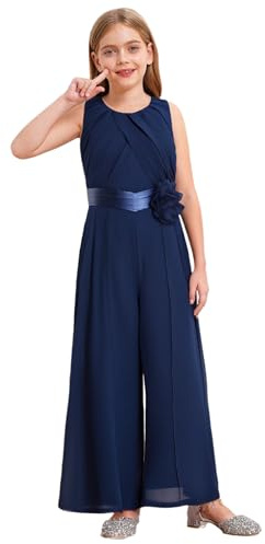 Fldy Mädchen Jumpsuit Festlich ärmellos Overall Lang Weites Bein Hose Mit Taillengürtel Für Party Hochzeit Kommunion Navy blau 146-152