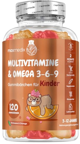 Multivitamin Gummibärchen für Kinder - Mit Omega 3 6 9, Vitamin C - 120 Multivitamin Kinder Gummies - Vitamin D3, B7, B12, E, B1, B2, B3, B5, B9 Jod, Zink - Mit Himbeer & Orangengeschmack - maxmedix