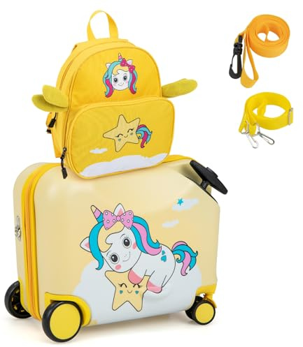 COSTWAY 2tlg Kinderkoffer + Rucksack, 12+18 Kindertrolley, Geld Einhorn | mit Rollen und wasserdichter Hartschale, Kindergepäck, Rollkoffer mit Rucksack für Jungen und Mädchen