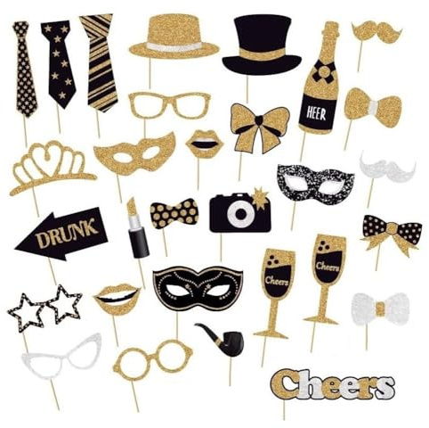 Voarge 30 Stück Foto Requisiten, Fotobox Accessoires, Party Foto Booth Dekoration, Lustige Geburtstagsteko, Gold Zubehör, für Hochzeit, Halloween, Weihnachten, Deko