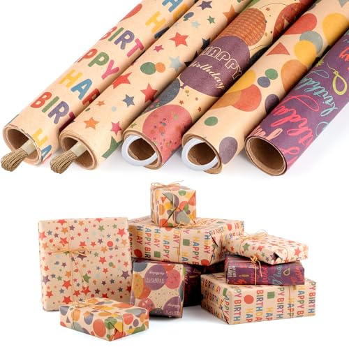 woric 5 Rollen Geschenkpapier Geburtstag, Kraftpapier Geschenkpapier | 5 Designs Geschenkpapier Rolle(43cm x 3m) mit Hanfseil & Klebeband für Kindergeburtstag Hochzeit Babyparty
