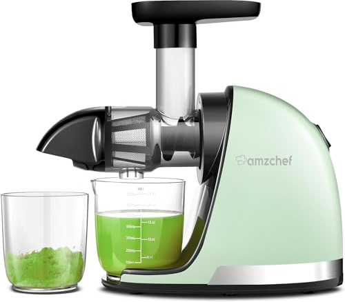 AMZCHEF Entsafter Gemüse und Obst - Slow Juicer | mit Rückwärts-Kau-Funktion - Zartes Zerkleinern ohne Filtern - Elektrisch mit Bürste und 2 Tassen - Grün