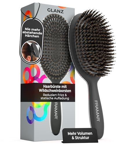 FRAMAR Wildschweinborsten Bürste Damen - Haarbürste Wildschweinborsten Damen, Naturhaarbürste Damen, Sleek Bürste Haare, Haarbürste Naturborsten, Boar Bristle Brush, Haarbürsten, Hair Brush – Schwarz