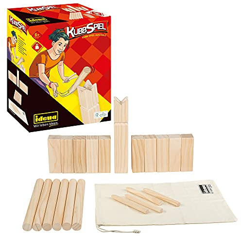 Idena Nordmann-Spiel mit 10 Kubbs & 6 Wurfhölzern | Mit König, 4 Eckstäben & Aufbewahrungsbeutel, Wurfspiel für Garten, Park & Strand, 40175