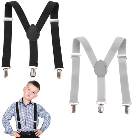 Tucnoeu 2PCS Hosenträger Kinder, Verstellbare 3 Clips Elastische Hosenträger für Jungen Schwarz Grau Kinderhosenträger