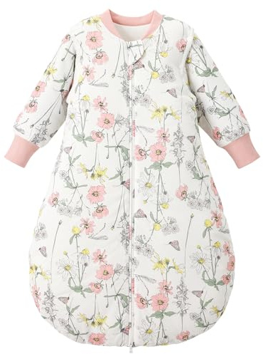 Duomiaomiao Baby Schlafsack 2,5 Tog Winter Schlafsack mit Abnehmbare Ärmel Winterschlafsack Baumwolle Baby Warm und Weich für Mädchen Jungen（mit Ärmeln Blumen/70CM）