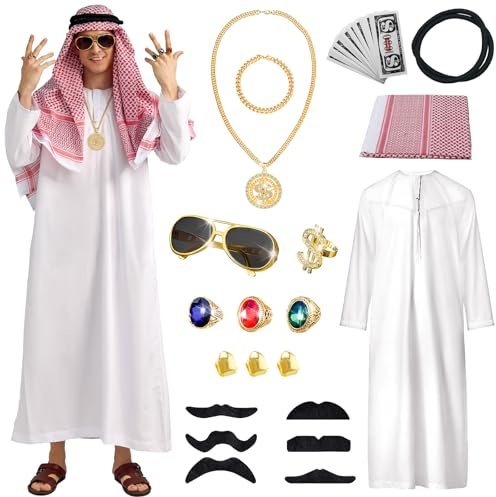 Ulikey Scheich Kostüm Herren - Araber Kostüm mit Weißem Gewand, Kopftuch, Finger Ring, Halskette, Sonnenbrille für Party & Cosplay (2XL)