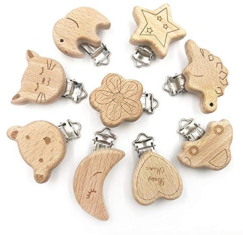 9 Stück Schnullerclip, Holz Schnullerclips Set, Schnullerketten Clip, Schnuller Halter, für Neugeboren Mädchen und Jungs