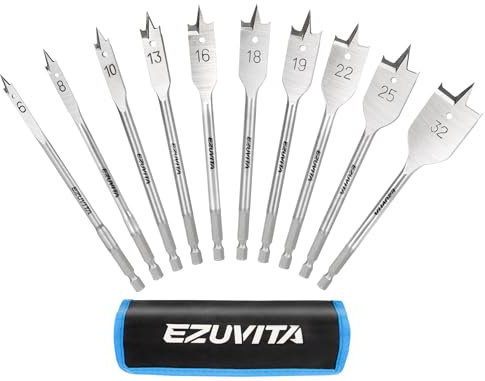 EUVITA 10-teiliges Spatenbohrer-Set für Holz, 152mm, Flachbohrer aus Kohlenstoffstahl für Lochschnitte von 6 mm bis 32 mm, Schnellwechsel-Sechskantschaft, inklusive Aufbewahrungstasche