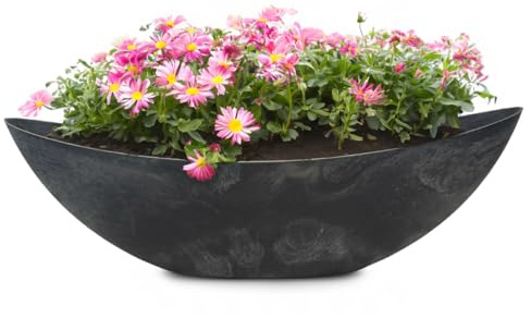 Ovale Pflanzschale für draußen - riesige Schiff Deko-Schale in schwarzer Stein-Optik als Blumen-Topf Pflanztopf - 66 cm Jardiniere für Garten Balkon oder Friedhof als Grab-Schmuck