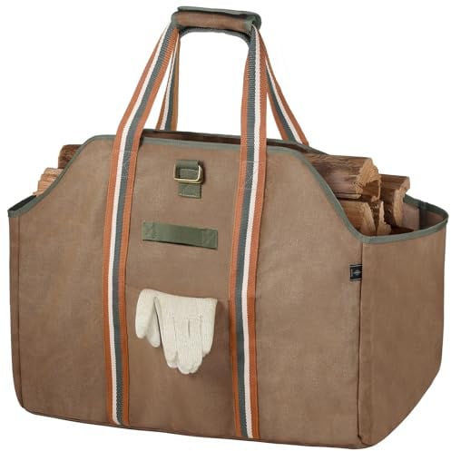 BONTHEE kaminholztasche Kaminholz Holzkorb Tragetasche Brennholztasche Kaminholzträger gewachstes Segeltuch wasserdicht Extra Groß Freistehende Holztragetasche für kaminholz Brennholz - Braun