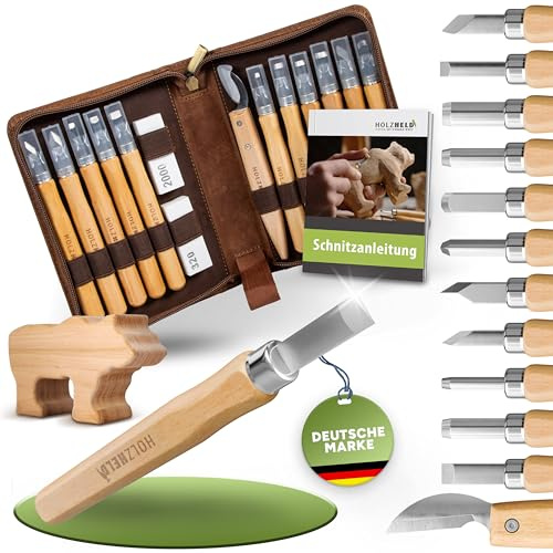 HOLZHELD Schnitzwerkzeug und Schnitzrohling (17-teilig) in sehr edler Ledertasche. Inkl. Anleitung zum Schnitzen & gr. Holzrohling aus Lindenholz.
