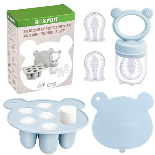 JEXFUN Fruchtsauger Baby ab 6 Monate, Obstschnuller für Babys mit Silikone Babynahrung Aufbewahrung Tablett, Zahnungshilfe Baby Kühlend, 3 Größen für Kleinkinder von 3 bis 24 Monaten, BPA-frei-Blau