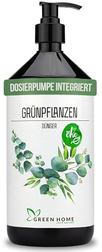 GREEN HOME LOVE NATURE Grünpflanzen Dünger 1 Liter - Flüssigdünger Zimmerpflanzen mit Dosierpumpe, NPK 7 3 5, Grünpflanzendünger für Monstera und Palmen, Zimmerpflanzendünger