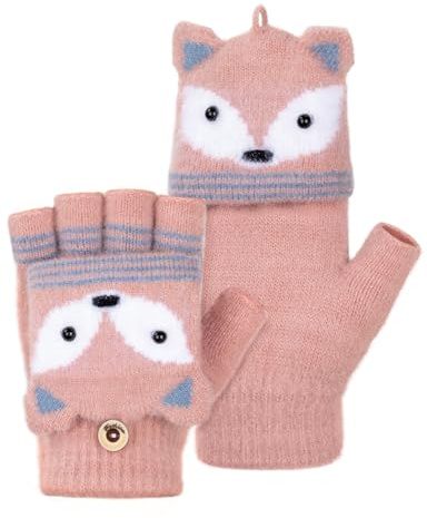 MELLIEX Fingerlose Handschuhe Kinder, Winter Flip Top Handschuhe, Warme Halbfinger Fäustlinge, Gestrickt Klapphandschuhe für Jungen Mädchen 5-10 Jahre，Fuchs-Rosa