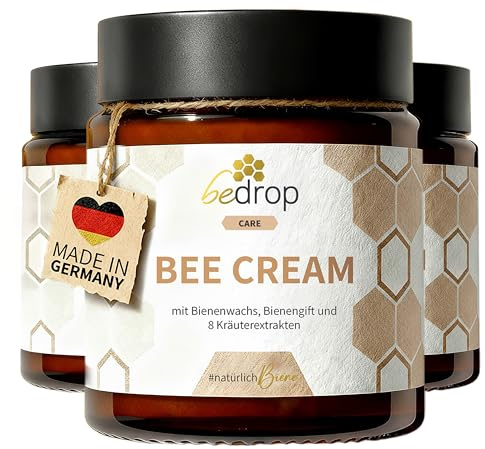 bedrop Bee Cream Bienengiftsalbe hochdosiert (kühlend & wärmend) - Bienengiftcreme mit Bienenwachs & 8 Kräuterextrakten u.a. Aloe Vera, Ringelblume, Eukalyptus und Rosskastanie - (3x 100g Sparset)