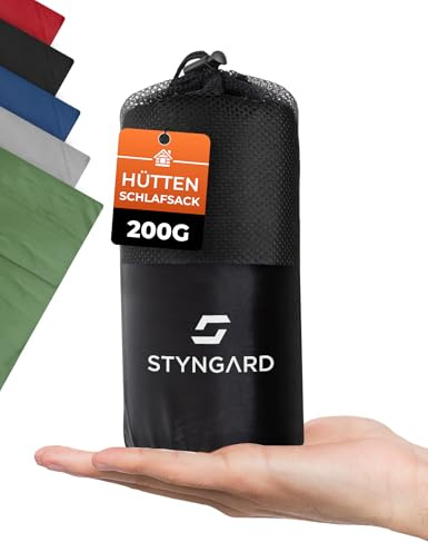 STYNGARD 2in1 Hüttenschlafsack Ultraleicht aus Mikrofaser [200g] - Ultraleichter Schlafsack kleines Packmaß - Dünner Schlafsack Inlett leicht & weich - Modell Hanoi (ohne Reißverschluss, Schwarz)