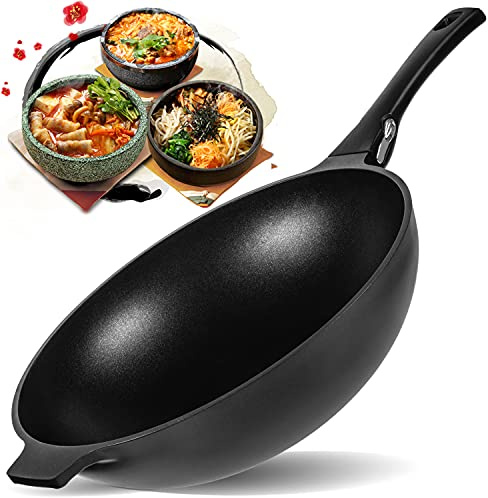 Wok aus Aluminium mit Antihaftbeschichtung – Woks und Rührpfannen – Antihaft-Wok – Wokpfanne mit abnehmbarem Griff – große Wok Bratpfanne – Aluminiumwok mit flacher Unterseite – Induktionswok