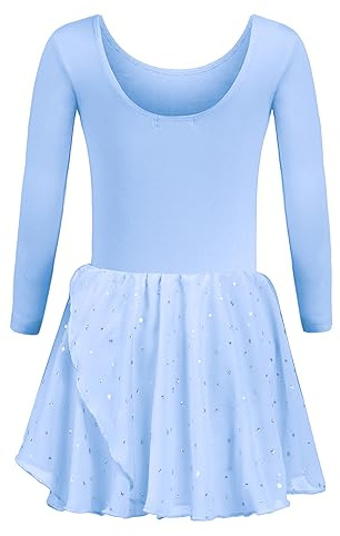 trudge Kinder Ballettkleidung Mädchen Ballettkleid Langarm Tanzkleid Tanzbody Baumwolle Ballett Body mit Rock Tütü Blau 130/3-4 Jahre