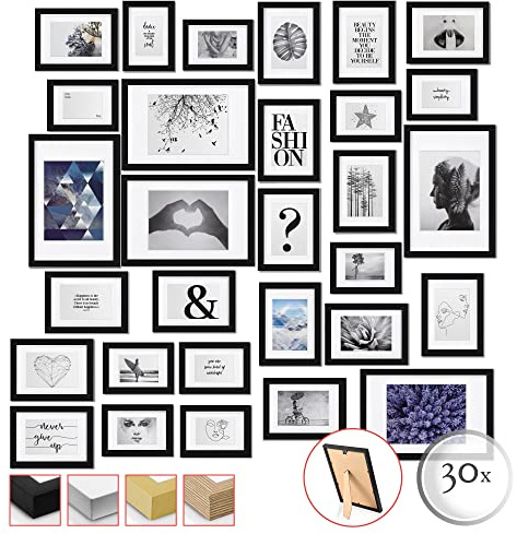 bomoe 30er Bilderrahmen Set Emotion - 10x 10x15, 15x 13x18, 5X 20x30 cm Fotorahmen Collage Bilderrahmen mit Passepartout & Aufsteller - Bilder Rahmen aus Holz & Kunststoffglas Fotowand Schwarz