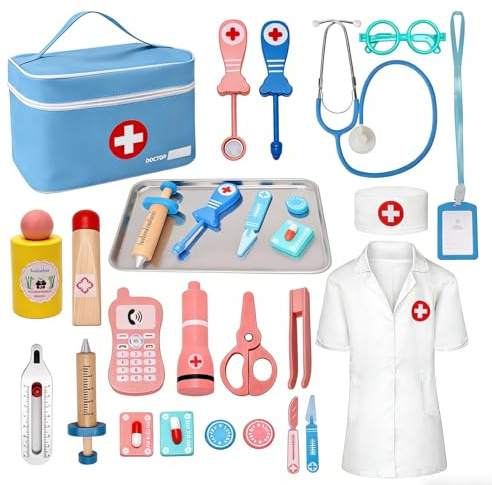 Teneytoyz Arztkoffer Kinder Holz, Doktorkoffer Kinder mit Echtem Stethoskop, Thermometer, Spritze, Arzttasche und Arztkittel, Geschenk für Kinder Rollenspiele Spielzeug ab 2 3 4 5 Jahren