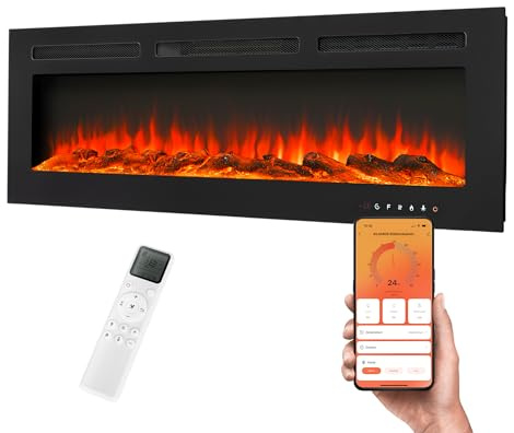KLAMER Elektrokamin 1800 W für bis zu 37 m², mit WiFi App und Thermostat | Wunschtemperatur von 18 bis 30 Grad exakt einstellbar. Mit dem Timer von 1 bis 8 Stunden heizt der Kamin nur bei Bedarf
